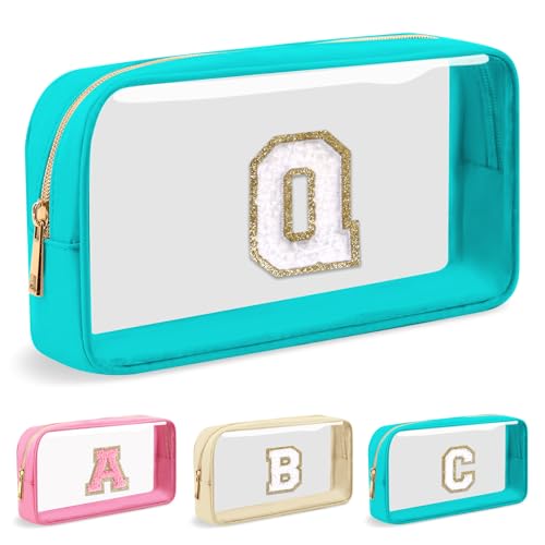 Personalized Clear Makeup Bag with Chenille Initial | Travel Cosmetic Pouch