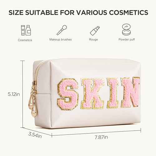 HBselect Preppy Makeup Bag 4 Pcs Travel Toiletry Bag Chenille Letter Patch Makeup Bag Portable Cosmetic Bag for Women PU Leather Waterproof Organizer Make up Bag for Women Girls