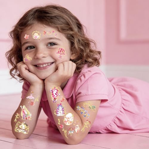 Gold Foil Fairy Tale Temporary Tattoos for Kids - 80 Metallic Styles