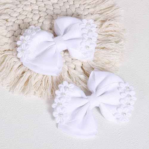 4" Flower Hair Bows for Girls White Pearl Bowknot Hair Clips Floral Ribbon Alligator Barrettes Toddler Teen Kids Women Wedding Pageant Communion Party Dress Decoration Accessory