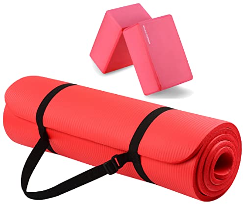 Signature Fitness All Purpose 1/2-Inch Extra Thick High Density Anti-Tear Exercise Yoga Mat with Carrying Strap and Yoga Blocks, Red