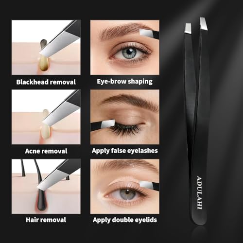 Adulahi Professional Slant Tweezers for Eyebrows & Facial Hair - Carbon Stainless Steel with Case