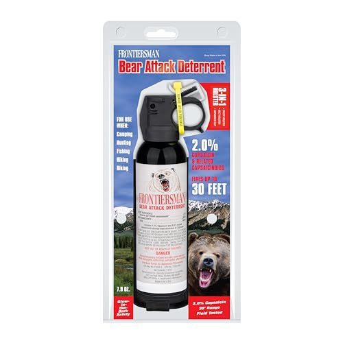 SABRE Frontiersman 7.9 fl oz. Bear Spray, Maximum Strength 2.0% Major Capsaicinoids, Powerful 30 ft. Range Bear Deterrent, Outdoor Camping & Hiking Protection, Quick Draw Holster & Multipack Options