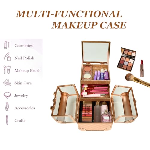 VETALLO Travel Makeup Case Organizer, Protable Cosmetic Case Storage with 2 Trays Mirror,Makeup Train Case Organizer,Make Up Box,Makeup Train Case for Nail Jewellery Vanity Storage Case