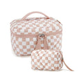 BAGSMART Travel Makeup Bag, 2-Piece Puffy Quilted Cute Make Up Bag Cosmetic Bags for Women, Large Wide-Open Toiletry Pouch Gifts for Toiletries Accessories Travelling Essentials, Checkered Khaki