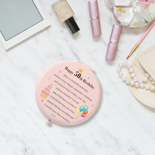 50th Birthday Pink Compact Mirror for Women - Unique Gift for Mom, Grandma, Wife, Sister, Aunt - Ratifyale