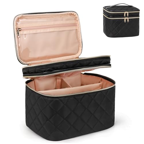 Travel Makeup Bag Organizer, Large Make Up Bag for Women, Double Layer Cosmetic Bag with Removable Dividers, Portable Makeup Case Storage, Black