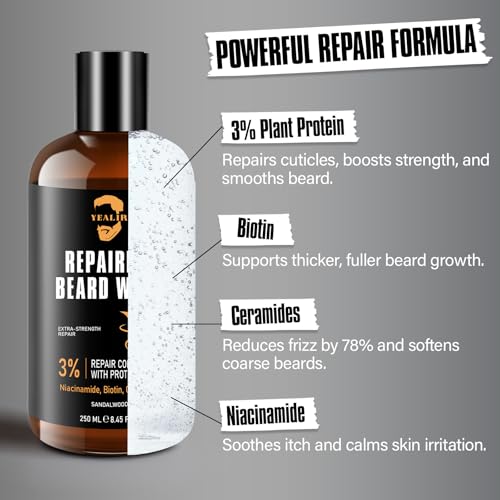 Repairing Beard Wash & Shampoo for Damaged Beards - Strengthens, Softens, Thickens & Adds Healthy Shine ? With 3% Protein, Biotin, Ceramides & Niacinamide ? 8.45 fl oz
