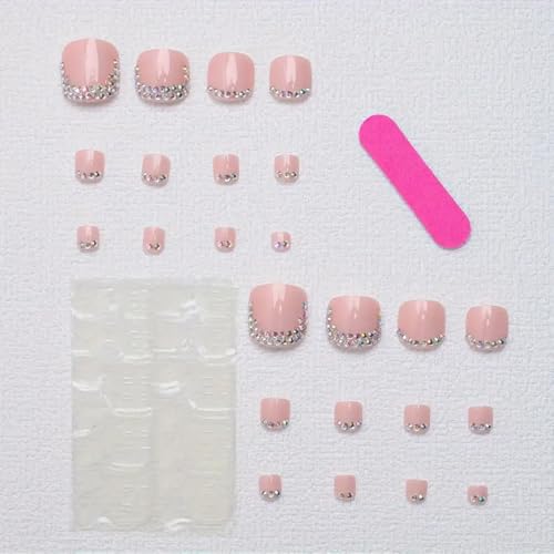 Pink Press On Toenails 24Pcs French Tip Acrylic Kit