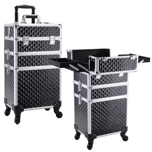 Frenessa 3-in-1 Vintage Black Rolling Makeup Case with Detachable Compartments