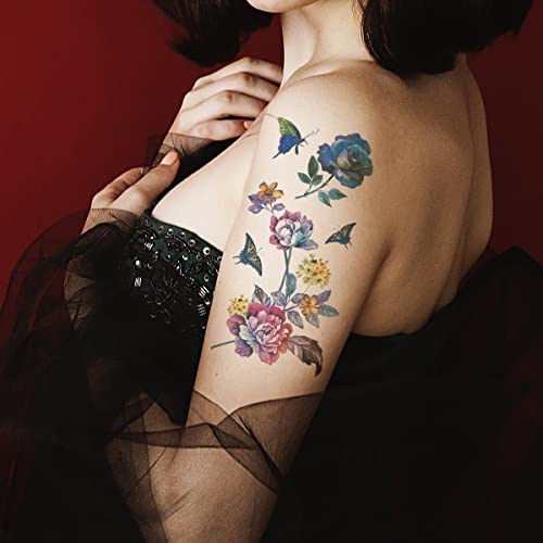 Waterproof Temporary Tattoo Stickers - 8 Sheets Flower & Butterfly Designs