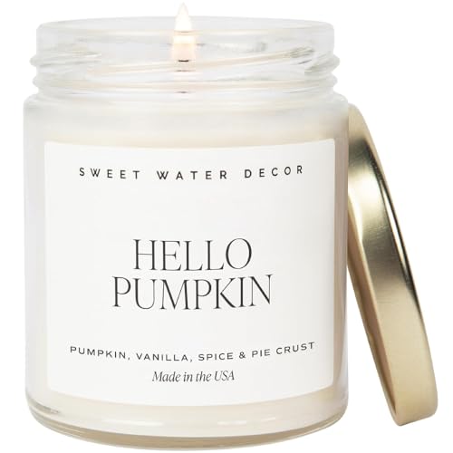 Sweet Water Decor Hello Pumpkin Soy Candle | Pumpkin, Warm Spices, Vanilla, and Whipped Cream Scented Candles for Home Thanksgiving Halloween Autumn Candle Pumpkin Pie Candle Made in the USA