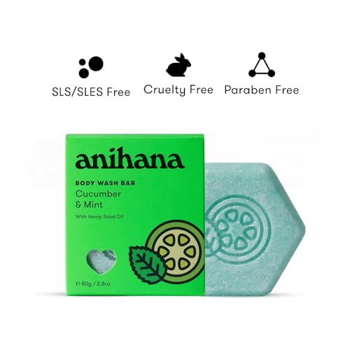 ANIHANA Body Wash Bar with Coconut Oil and Hemp Seed Oil, Soap Free, Moisturizing, Gentle, Soft Skin Care, Refreshing Cucumber & Mint Scent 2.8 Oz