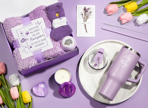 Lavender Spa Gift Basket for Women with 40oz Tumbler & Blanket