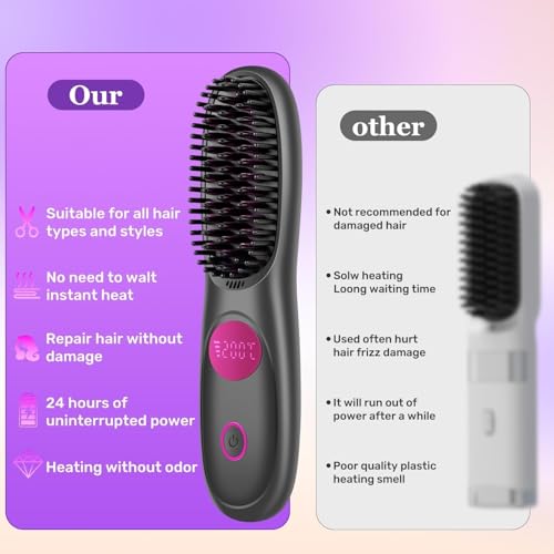 Cordless Hair Straightener Brush with LED Display - 3 Heat Settings
