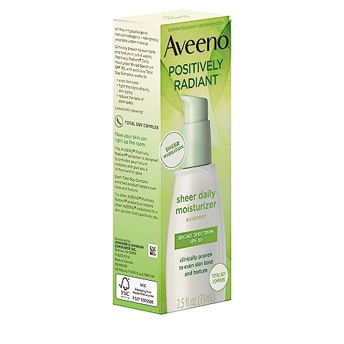 Aveeno Positively Radiant Sheer Daily Moisturizing Lotion for Dry Skin with Total Soy Complex and SPF 30 Sunscreen, Oil-Free and Non-Comedogenic, 2.5 fl. oz