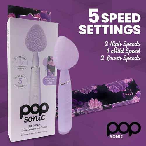 Clover Facial Cleansing Device Lavender Silicone Facial Cleaner & Exfoliator w/ 8000 Vibrations Per Minute, 5 Speeds, USB Rechargeable Face Cleaning Scrubber & Skincare Tool with Case