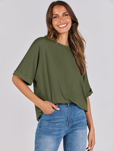 ANRABESS Women's Oversized T Shirts Short Sleeve Crewneck Summer Tops Casual Loose Basic Tee Shirts 2024 Trendy Clothes Olive Green Small