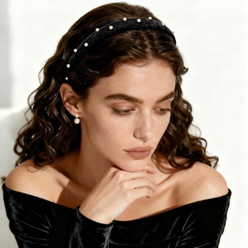 Pearl-Accented Velvet Headbands for Women 2 Pack - Black & Burgundy, Vintage Elegant Hair Accessories, Fanssya