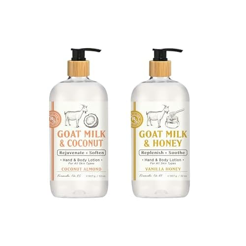 Raes Lil Shop Goats Milk Hand & Body Lotion, Coconut Almond and Vanilla Honey Scents, 32 oz Set of 2 by Home and Body Company