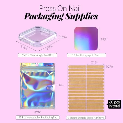 Teenitor Press On Nail Storage Box Set - 15 Acrylic Cases & Holographic Bags