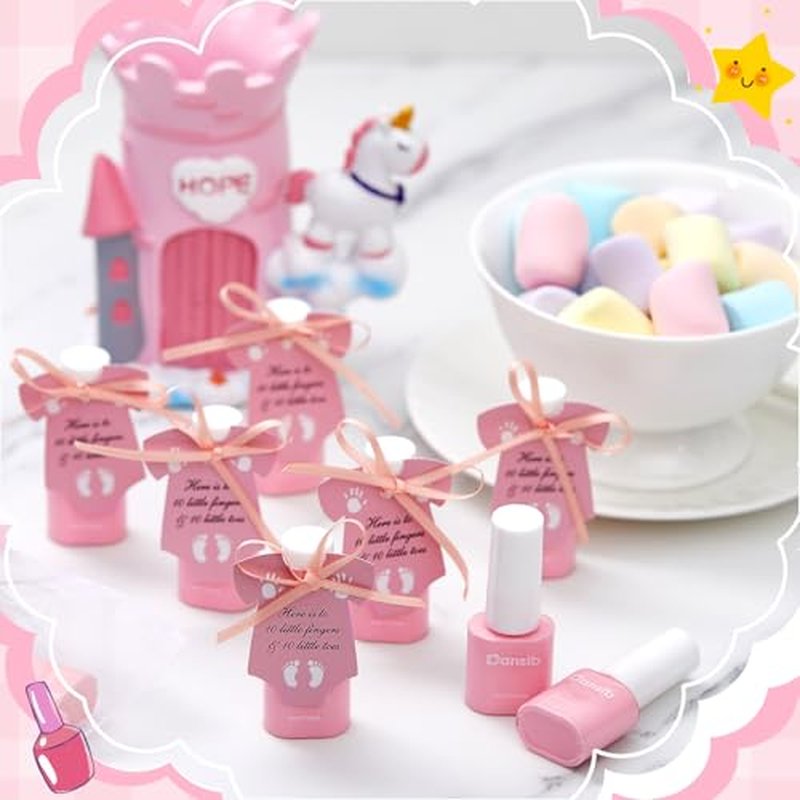 48 Set Pink Baby Shower Favors Mini Nail Polish Bulk Gender Reveal Party Favors for Guests Party Supply Souvenir Return Gifts Thank You Gifts with Card Organza Bags Ribbon Quick Dry