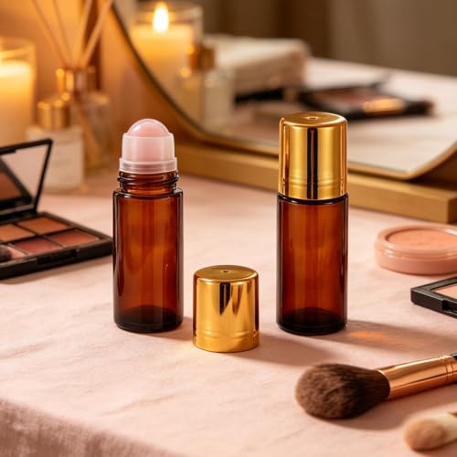 2 Pack 1.7oz Amber Glass Roll-On Bottles with Rose Quartz Roller for Essential Oils & Skincare