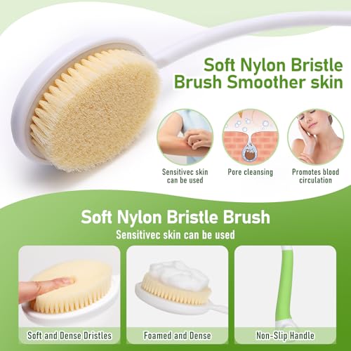 Fanwer 27.5¡± Back Bath Brush Long Handle for Shower and Silicone Body Scrubber, Shower Back Scrubber with Curved Handle for Elderly, Disabled, Limited Mobility, Post-Surgery, Frozen Shoulder