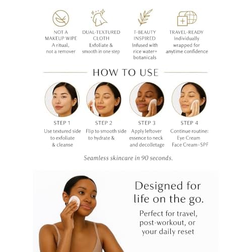 SEON Reset & Jet Korean Skincare Facial Wipes. Rice Water Infused Cleansing Cloths, Individually Wrapped, Travel Friendly (50 Count, Premium Magnetic Box.