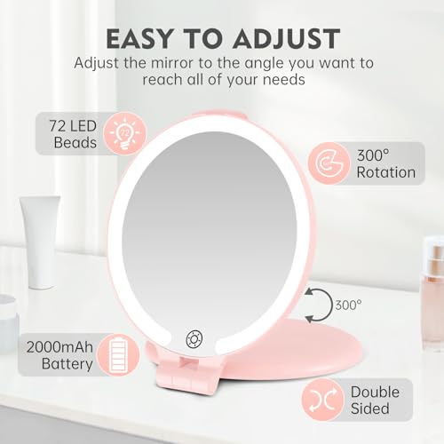 FUNTOUCH 7-Inch Rechargeable Travel Makeup Mirror with 10X Magnification & LED Light, Pink