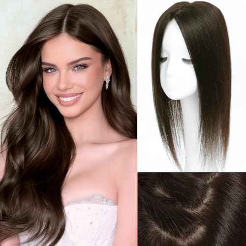 Hair Toppers for Women Real Human Hair, Realistic Biological Scalp Toppers HairPieces for Women with Thinning Hair Middle Part Clip in Bangs Big Base 360¡Æ 3D Cover (Dark Brown, 18 Inch)
