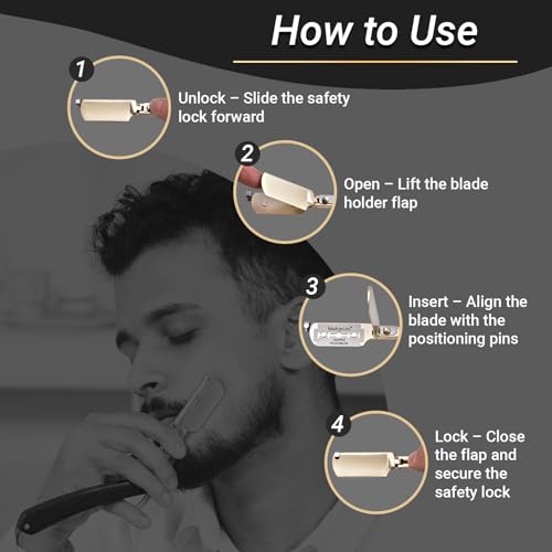 Professional Straight Razor for Men ? Classic Straight Edge Razor with Synthetic Black Wood Handle, 30 Swedish Standard Double Edge Blades & Leather Sheath for Precision Beard Shaping (Gold)