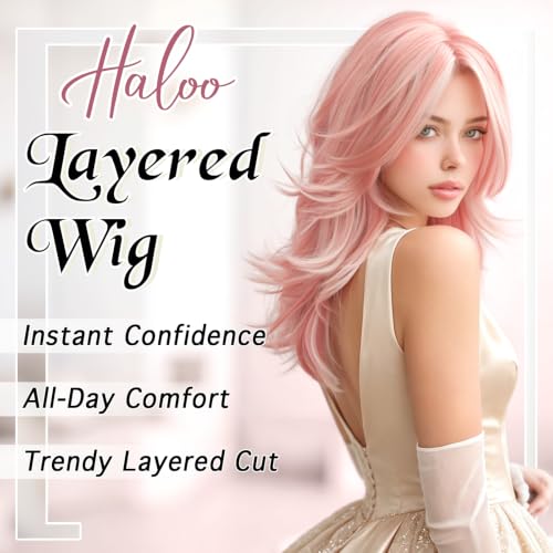 Haloo 20 Inch Pink Layered Wig with Curtain Bangs - Lace Front