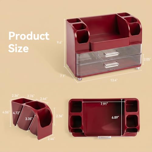 Large-Capacity Makeup Organizer with 2 Drawers & 6 Brush Holders - Red
