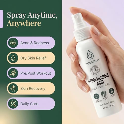 Jusspray¢â Hypochlorous Acid Spray for Face and Skin | HOCI Facial Cleanser Mist | 4 oz Hypochlorous Acid for Face, Skin, Acne, Eczema, Body Acne Sprays, Piercing Aftercare, Wound Solution
