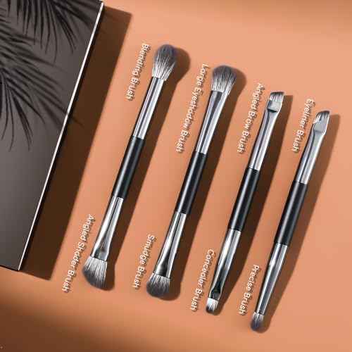 ENERGY Travel Eye Makeup Brush Set Eyeshadow Eye Blending Eyeliner Under Eye Concealer Eye Brow Smudge Makeup Kit with Portable Compact Mirror Case Double ended Makeup Brushes 4PCS