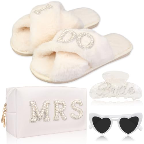 Bride To Be Gift Set Bridal Shower Gifts for Bride Sunglasses MRS Makeup Bag I Do Bride Slippers Bride Hair Clip, Bridal Engagement Gifts Bachelorette Party Wedding Gift for Bride Women