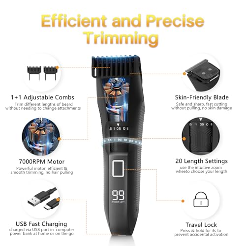Beatslm Men's Beard Trimmer - 20 Length Settings, IPX7 Waterproof
