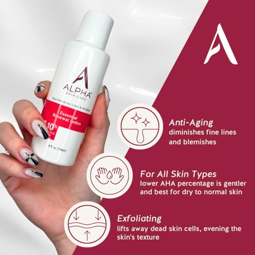 Alpha Skin Care Essential Renewal Lotion, 10% Glycolic AHA, Anti-Aging Formula, Reduces Lines & Wrinkles, Alpha Hydroxy Acid Exfoliates for Smoother Skin, Normal to Dry Skin, 4 Oz, Pack of 3