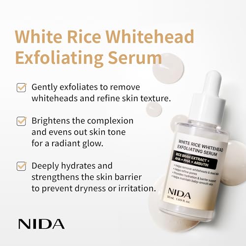 NIDA White Rice Whitehead Exfoliating Serum | 1.69 fl.oz., 50ml | Daily Soft Exfoliating Face Scrub Dead Skin Cells Remover for All Skin Types korean skin care