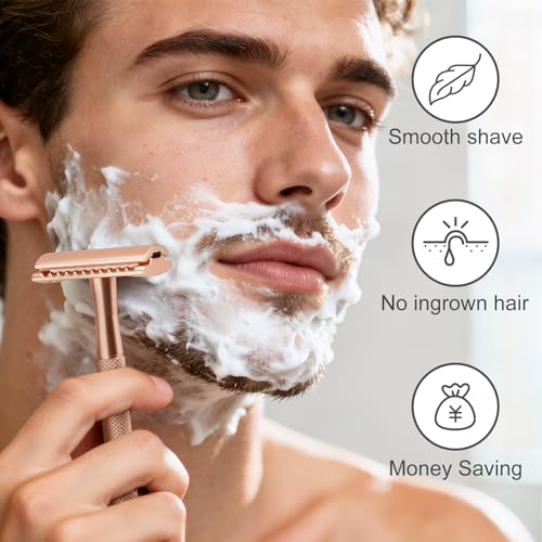 Safety Razor with Stand for Men & Women - Double Edge Single Blade Razor, One Blade Razor with 10 Blades & Metal Stand - Reusable Mens & Womens Shaving Razor (Complete Kit)-Rose gold