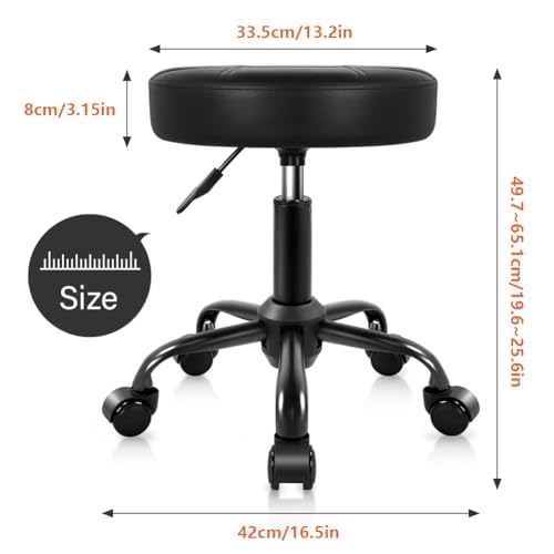 KKTONER Rolling Stool Chair, Height Adjustable PU Leather (Black)
