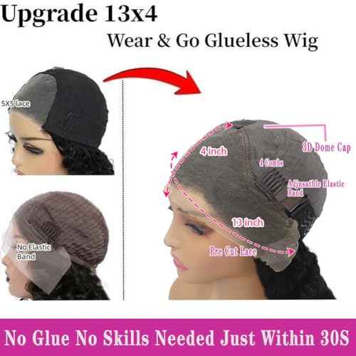 Glueless Wigs Human Hair Pre Plucked Pre Cut Wear and Go Glueless Wig 13x4 HD Deep Wave Lace Front Wigs Human Hair for Black Women Frontal Wigs with Natural Hairline 180% Density 14 Inch