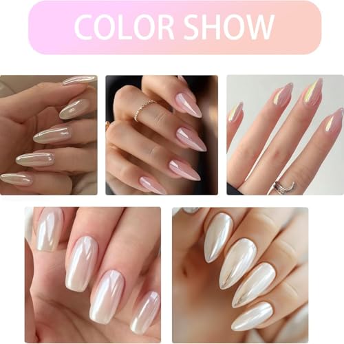 BISHENGYF Pearl Chrome Nail Powder:【Super Mirror Effect】White Pearl Chrome Nail Powder Ice Transparent Aurora Chrome Nail Powder for Nails Art DIY