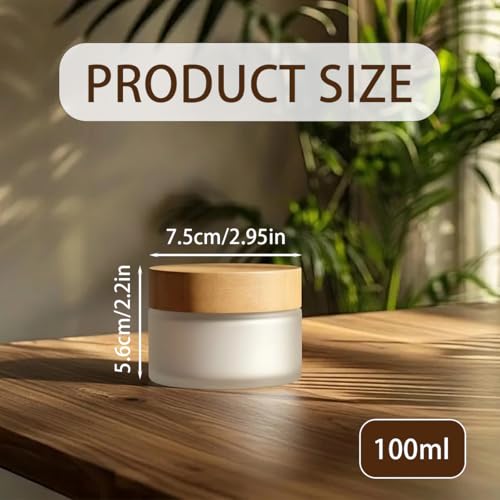 QUUPY 100ml Frosted Glass Refillable Cream Jar with Bamboo Lid Travel Container