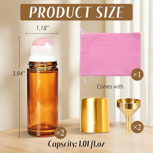 Rose Quartz Roller Bottle 1oz Amber Glass for Essential Oils - 2 Pack