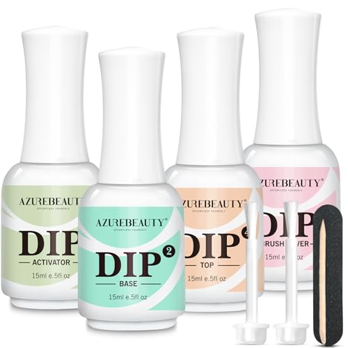 AZUREBEAUTY4+4 Dip Powder Liquid Set 15ml & Dip Powder Replacement Liquid Brush 10pcs£¬Nail File Dipping Powder Essential Tools for Dip Powder Nail Kit No Nail Lamp Needed