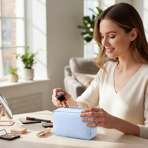 Sanwuta Seersucker Cosmetic Bag Set 10pc Light Blue