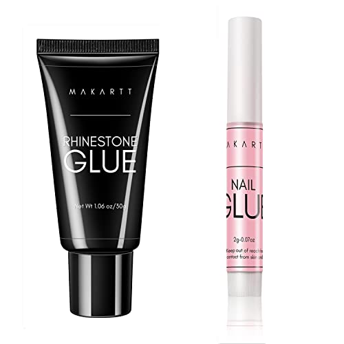 Makartt Nail Tips Nail Glue with Nail Rhinestone Glue Gel Bundle, 40PCS Nail Glue for Acrylic False Nail Tips, Super Strong Gem Glue Gel 1.06oz Nail Lamp Needed for Nail Glitter Jewels Crystals