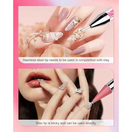 Rolybag Rhinestone Picker Tool, 2PCS Rhinestone Applicator Tool Dotting Wax Pen Dual-Ended with 4PCS Replaceable Wax Tips for DIY Nail Art Tool (Pink)